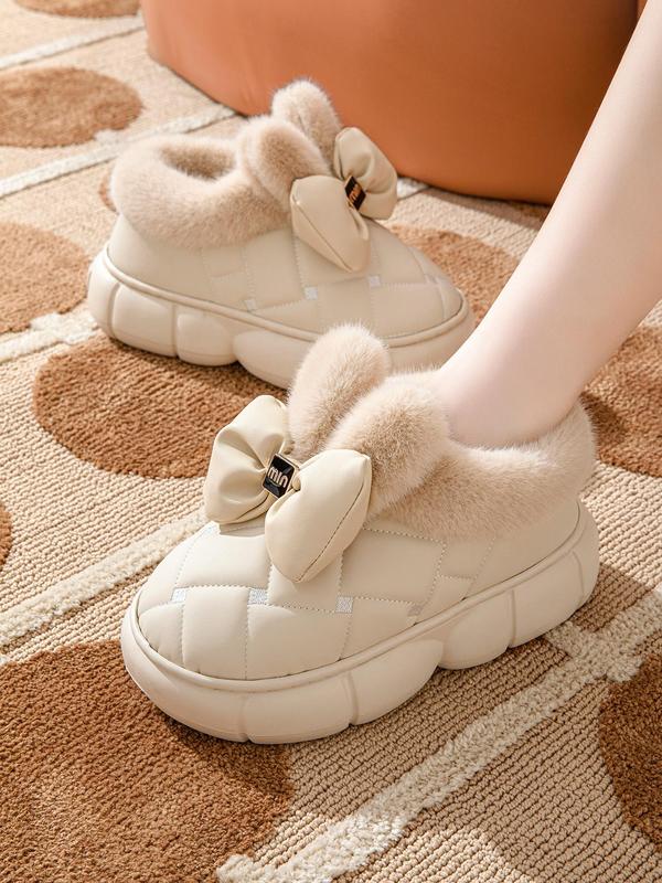 Women's Fashionable Bowknot Design Plush Slippers, Casual Comfortable Home Slippers, Warm Slippers for Indoor & Outdoor Use for Fall & Winter, Footwear, House Slippers