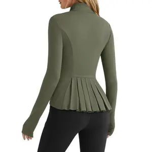 Fisoew Sports  2026 Summer Spring Women's Zippered Sports Jacket, Pleated Lightweight Slim Fit  Stand Collar with Thumbhole Pockets, Workout Running Clothes