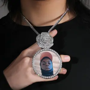 [ICE HUE]18K Gold Vacuum Plated Copper with 5A+ Sri Lanka Zircon Photo Customized Rose Flower Pendant With Necklace Miami Italy Mexico & Micro Inspired for Women & Men Luxury Jewelry,Daily Wear,Casual Gift ,Hip Hop,TikTokShopBlackFriday