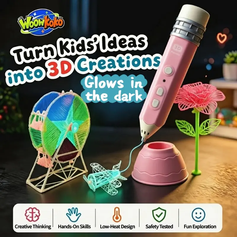 WOOWKOKO Child-Safe 3D Pen for Kids Glow-in-the-Dark Low-Temp PCL Filament 10-Pack Cordless Design Non-Toxic Refills DIY Drawing Arts & Crafts Toy Ideal Birthday Christmas Gift