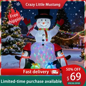 Crazy Little Mustang 6-foot inflatable Santa Claus decoration, snowman decoration with two penguins, two gift boxes, colorful rotating lights, and outdoor Christmas LED lantern banner.