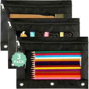 Pencil Pouch for 3 Ring Binder: 3 Pack Clear Pencil Pouch with Smooth Zipper| Large Capacity Binder Pouch| Cute School Office Organizer for  Teens Girls Adults Student, Black