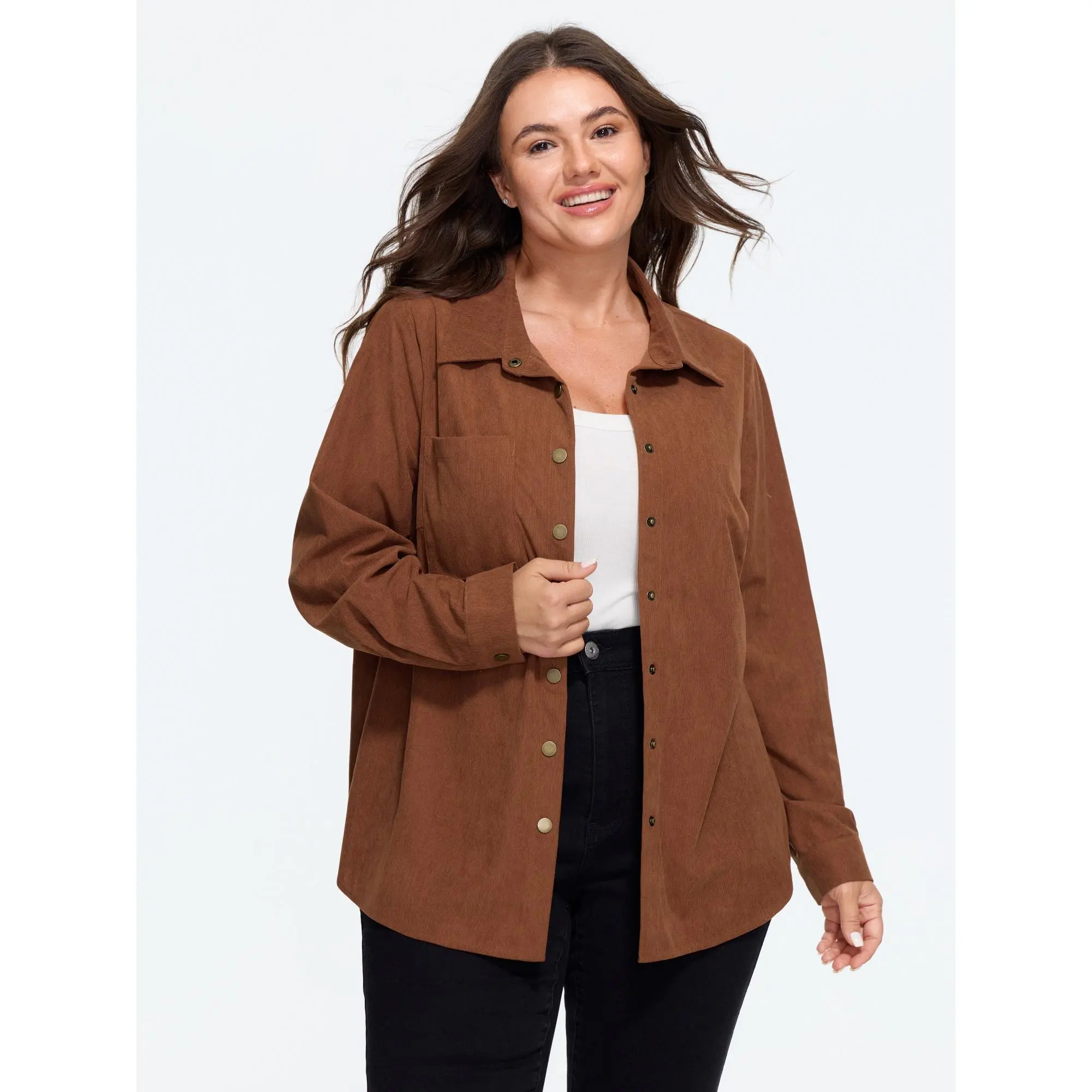 BloomChic Plus size，Corduroy Pocket Button Front Jacket[M-6X]Back To School,Fall Pick, Spotlight Day，SohoChic