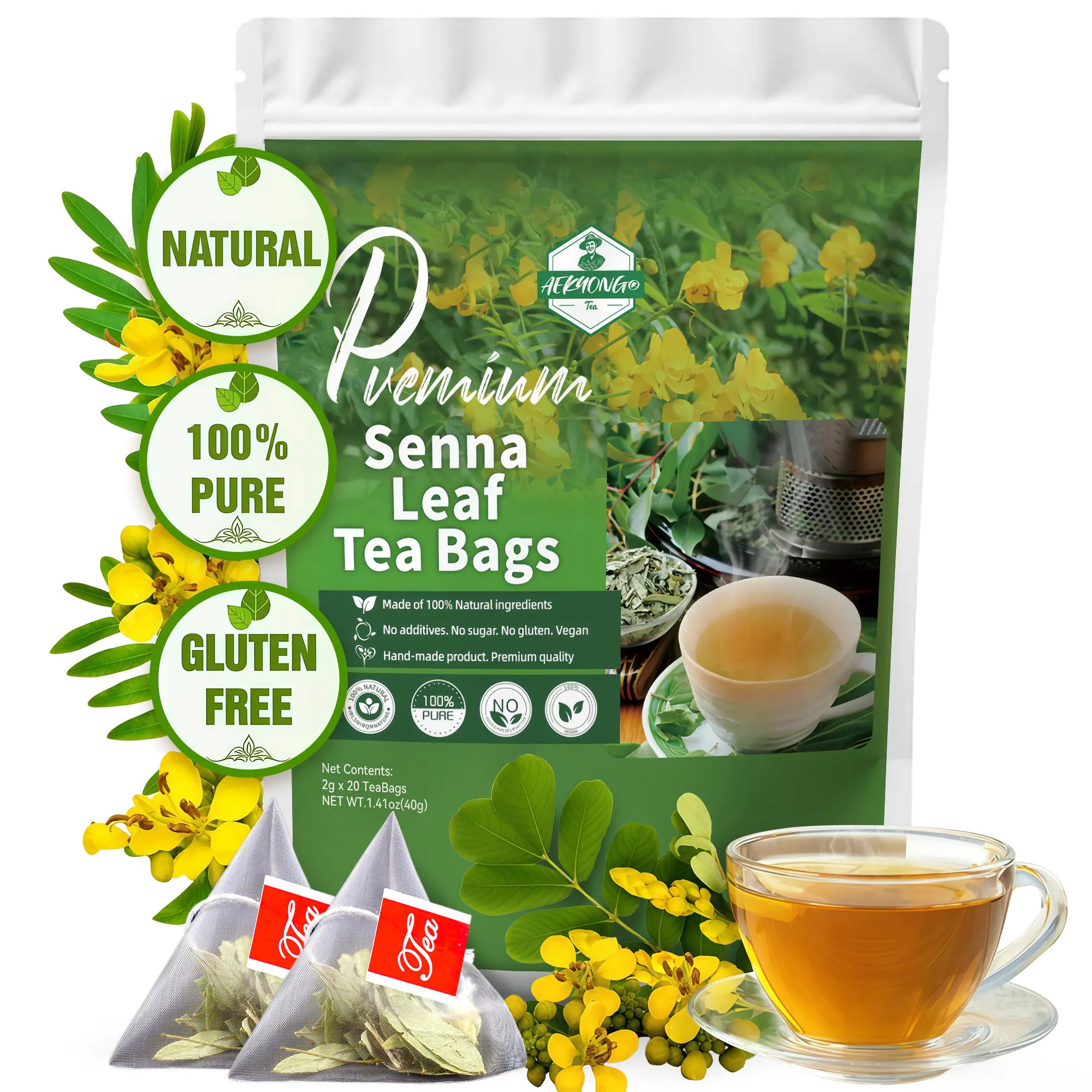 Senna Tea Bags Relieves Constipation Natural Tea, Blend of Senna Leaves - Peppermint - Licorice - Fennel, 100% Natural Ingrendients, Hand-made Herbal Tea, No Sugar, No Caffeine, No Gluten, Vegan.