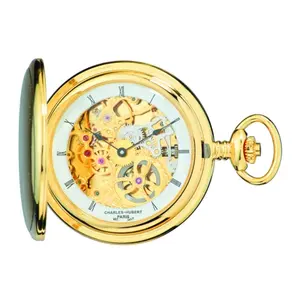 212 MAIN Unisex Fashion Mechanical Pocket Watch - Brushed Finish, Gold-Plated Stainless Steel Hunter Case, Skeleton Dial, Gold Watches, Includes Gift Box