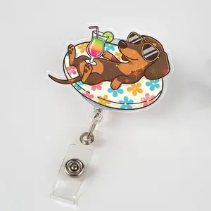 Summer Dachshund Badge Reel, Funny ID Holder For Dog Lover
