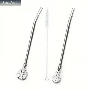 3-Piece Stainless Steel Filter Straw Spoon Set with Cleaning Brush, Reusable Tea Coffee Cocktail Straws, Multi-Functional Home & Hotel Use, Beverage Utensil
