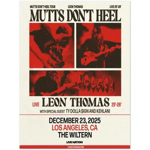Leon Thomas Mutts Don't Heel Tour Poster, 2025 Los Angeles Concert Art, Aesthetic Red & Black Wall Decor, Modern R&B Fan Gift