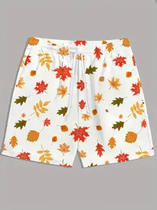 Men's Drawstring Beach Shorts, Summer Essential, Breathable Cool Fabric, Soft Comfort, Maple Leaf 3D Print, Casual Fashion