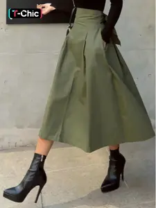 Women's Plain Plicated Knot Flared Skirt, Elegant Pocket High Waist Long Skirt for Spring & Fall, Ladies Bottoms for Daily Wear, Formal Fashion Skirt, Flowy Flared Skirt, Flared Skirt Design