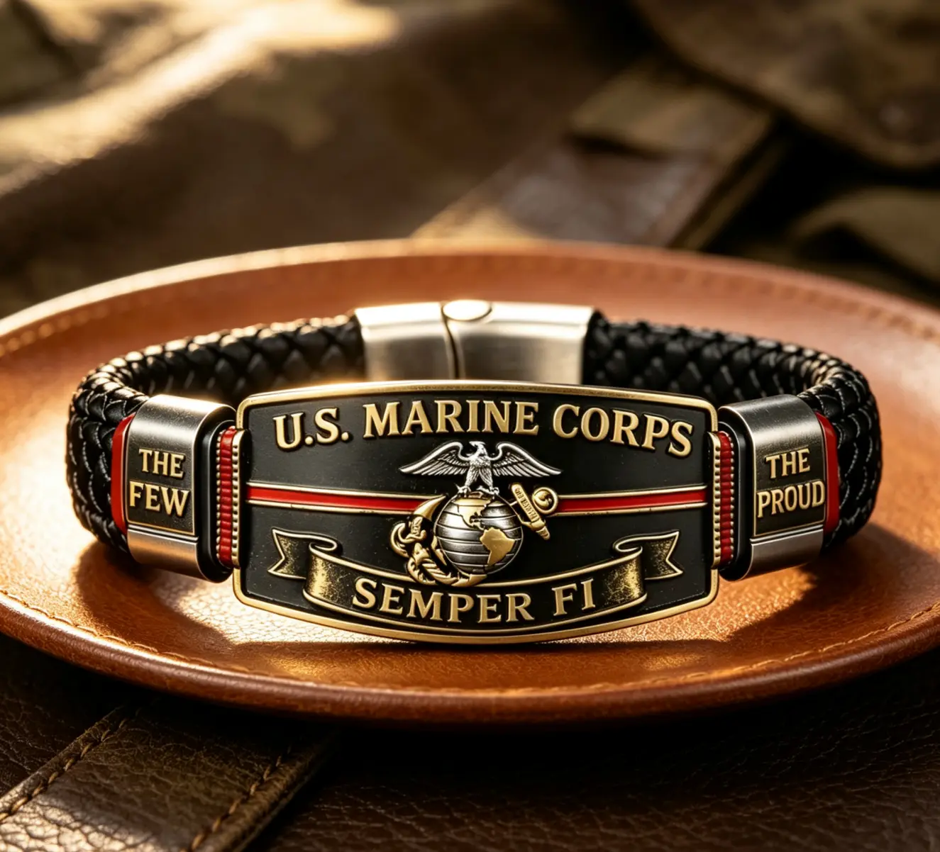 USMC Military Commemorative Wristband, Retro One‑Piece Braided Paracord Alloy Bracelet, Eagle GlobeAnchor Engraved Semper Fi "The Few The Proud" Gift for Marines & Veterans