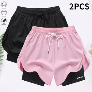 Set of 2 women’s summer casual athletic shorts, featuring built-in lining, drawstring, and elastic waistband; suitable for outdoor sports, fitness, running, and casual wear; women’s shorts, athletic shorts, womenswear