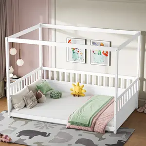 Full Size Canopy Bed Frame with 4 Posters and Guardrails, Full Size Floor Bed with High Fence, White Bed