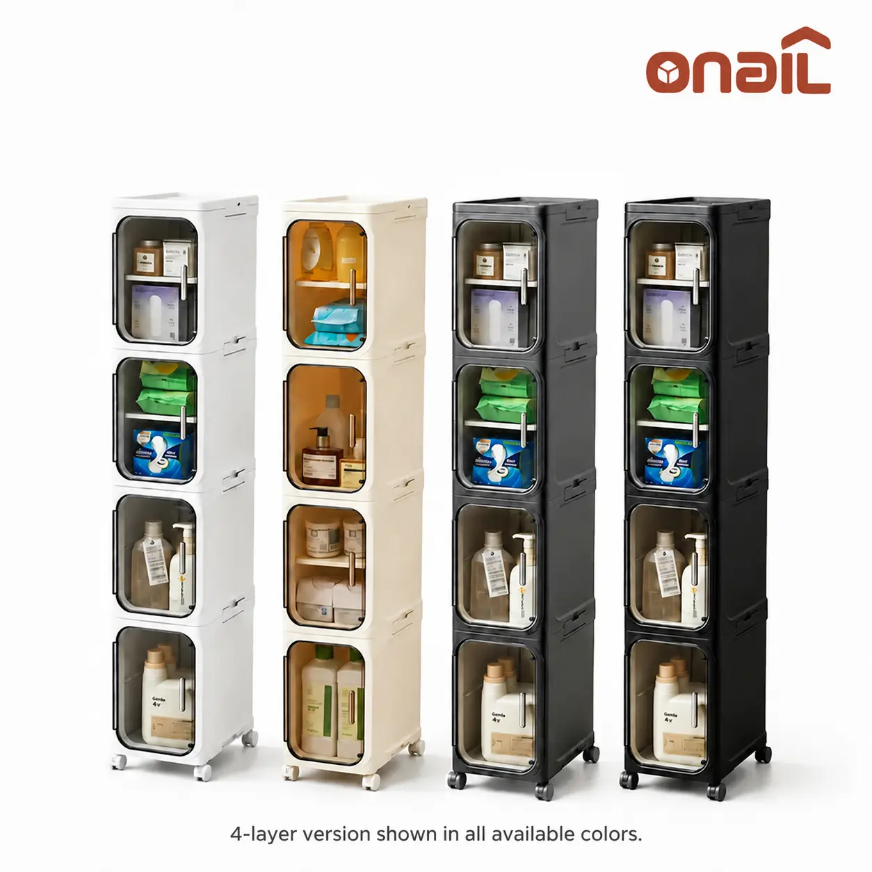 ONAIL Narrow Storage Cabinet - 1-4-Layer Home Goods Apartment Furniture House Organizers with Slim Design, Doors, Adjustable Shelves, Wheels, Stackable Foldable Expandable for Small Spaces, Bathroom, White, Cream, Black, Grey (5-10 Kg Capacity)