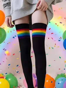 Women's Rainbow Striped Over-The-Knee Thigh High Socks, Comfortable & Breathable Design, Fashionable Style All-Season Stockings