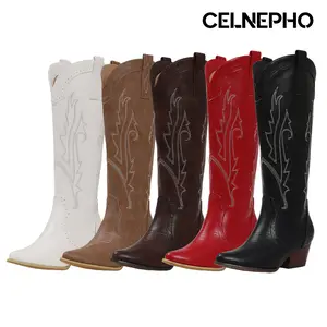 CELNEPHO Womens Knee High Western Cowboy Boots Pointed Toe Chunky Block Heel Embroidered Retro Cowgirl Boots Easy Pull On Side Zipper Closure Western Party Gift Wedding Indoor Outdoor Dress Shoes