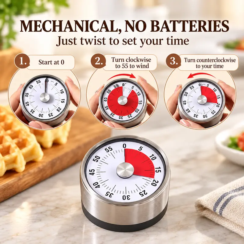 60-Minute Mechanical Kitchen Timer, Stainless Steel Magnetic Countdown ...