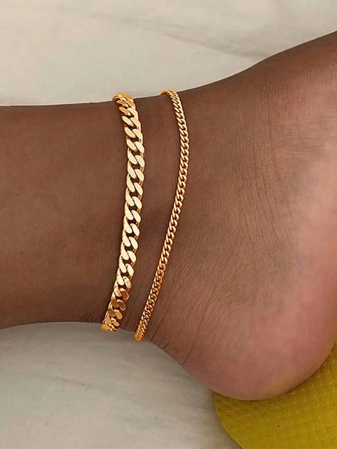 Women's 2-Piece Gold Stainless Steel Cuban Link Anklets, Fashion Costume Jewelry for Beach Outings