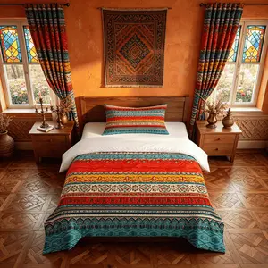 2/3‑Piece Boho Ethnic Striped Duvet Cover Set, Single‑Sided Digital Print Bedding Set with Retro Moroccan Tribal Elements, No Insert Included, Ideal for Bohemian‑Style Lovers Bedroom Home Decoration