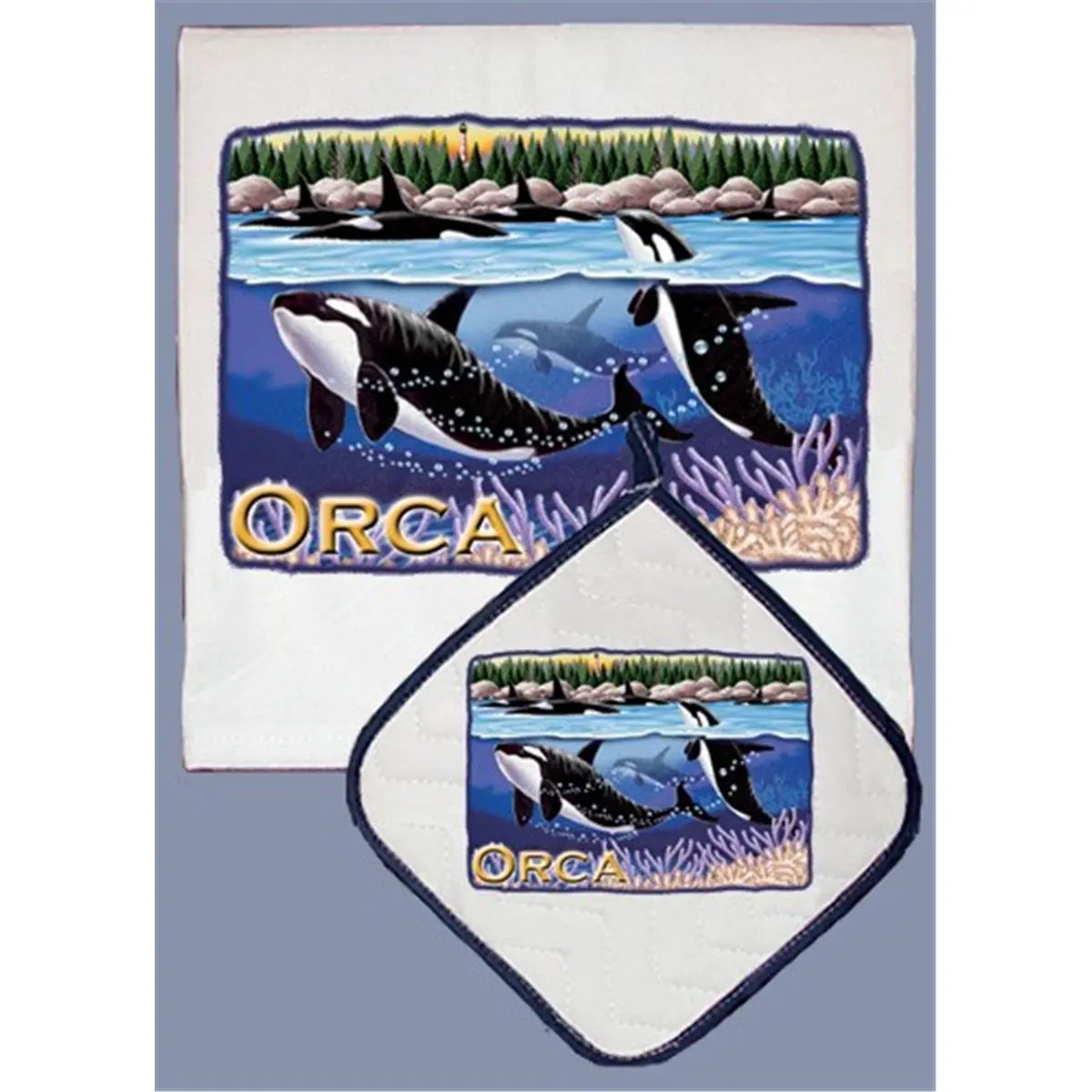 Pipsqueak Productions DP801 Orca Motif Kitchen Cleaning Set - Set Includes 2 Absorbent Cotton Dish Towels, Quilted Potholder, Ideal Home Supplies Gift Item