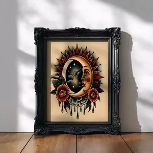 Sun and Moon Art Print – Vintage Celestial Illustration with Stars, Clouds & Roses | Tattoo Style Wall Decor Astronomy Wall Art Print