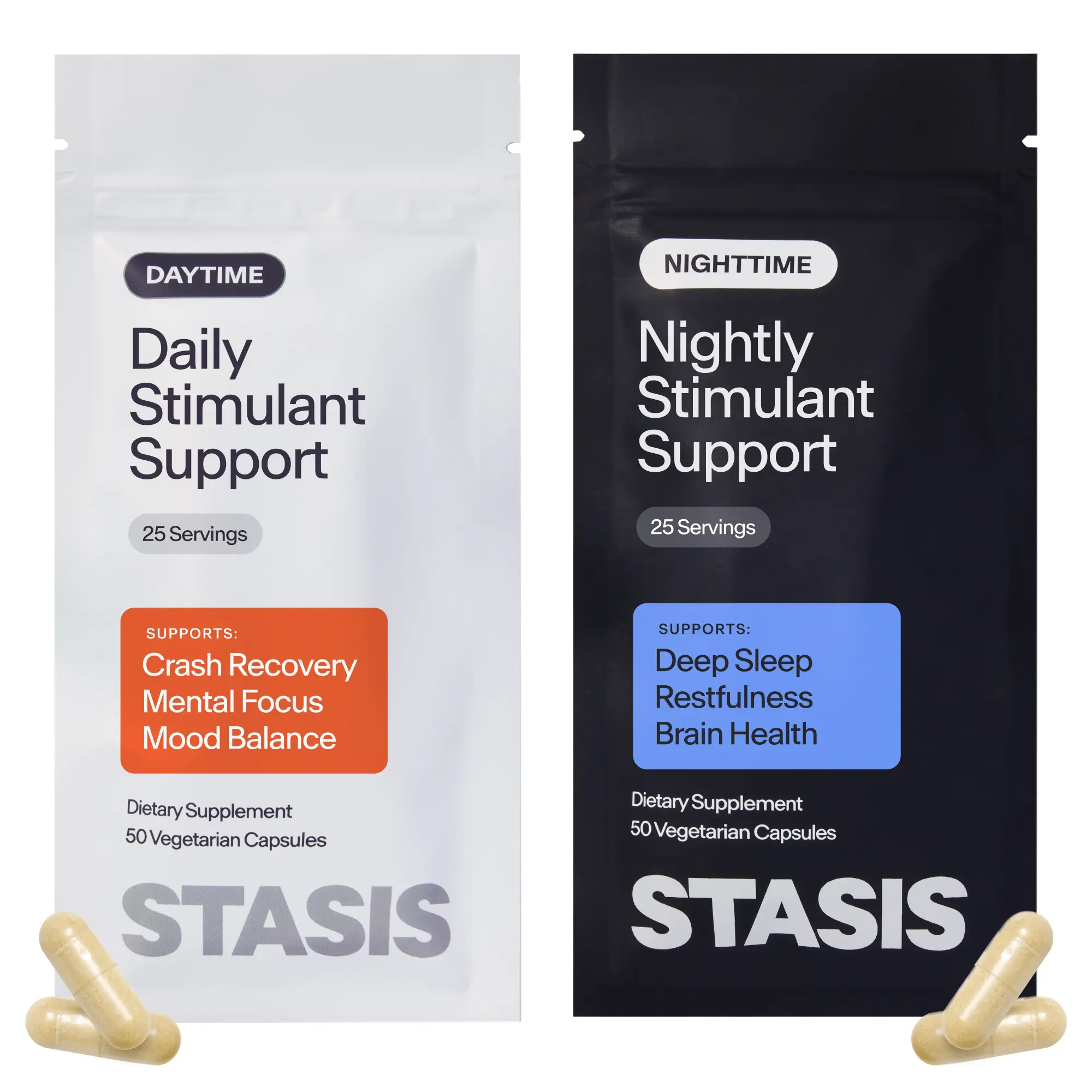 STASIS Day & Night Set for Stimulant Users - Crash Recovery, Focus Support & Sleep Support - L-Theanine, Ashwagandha & Saffron - Third-Party Tested Nootropic Adaptogen Supplement - 25 Servings