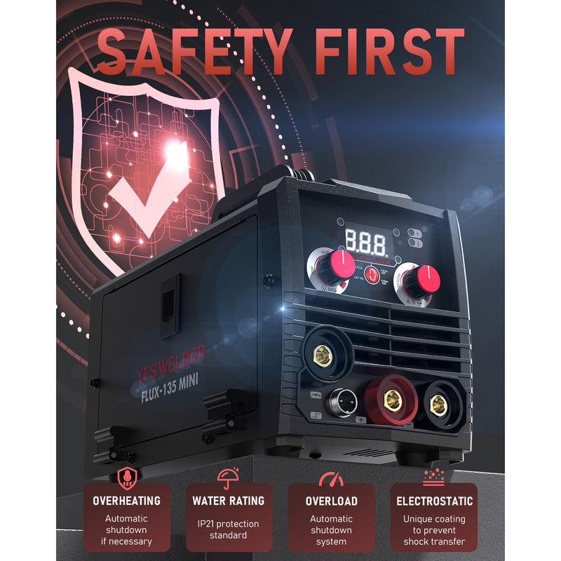 YesWelder FLUX-135MINI 135A 110V Gasless MIG Welder | 3-in-1 Flux Core/Lift TIG/Stick Inverter Welding Machine with Synergic Control