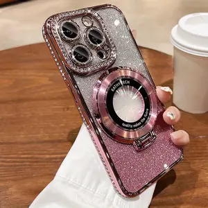 KathyTech Luxurious Rhinestone Stand Design Protective Case for iPhone 17 16 15 14 13 12 11 Plus Pro Max 17Air 16e Wireless Charging Shockproof Anti-Drop Matte Surface Scratch-Resistant Durable Cover