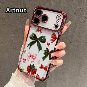 Four Corner Airbag Electroplated Phone Case for iPhone 17 16 Pro Max 15 Plus 14 13 12 11 E Air Festive Bow Array Patterned Anti-Collision Protection Smartphone Cover