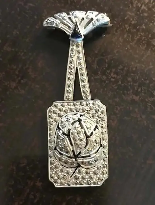 Antique 1940s Silver Articulated Sapphire and Marcasite Brooch