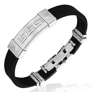 Stainless Steel Black Rubber Silicone Two-Tone Greek Key Mens Bracelet