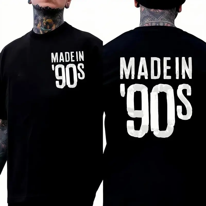 90s Retro Letter Double-Sided T-Shirt Simple Style High-End Sense Commuting Sports Leisure Street Wear Unisex Tops Made in '90s Bold Statement Piece Comfortable Versatile Cotton Material Round Neck Top Black Cardigan graphic tee graphic tee
