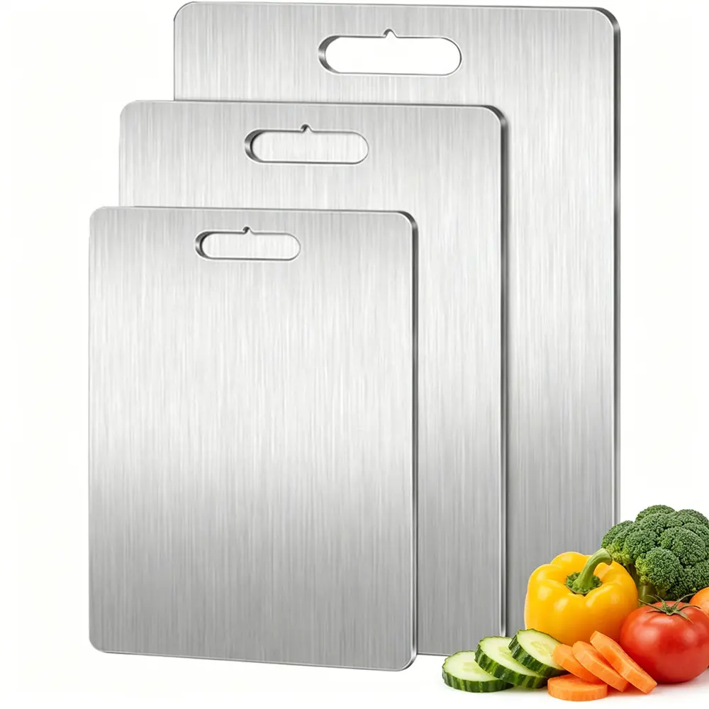3 Piece Combo Stainless Steel Chopping Board, Anti Bacterial Kitchen Cutting Board, Household Vegetable Prep Mat, Home Kitchen Accessories, Daily Cooking Gadgets