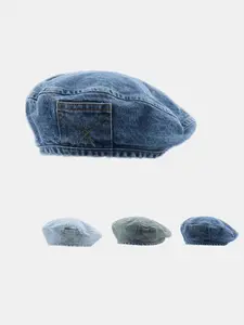 American Vintage Washed Denim Beret Hat, Unique Pocket Design Painter Hat, Versatile Retro Street Style, Flattering Face Shape
