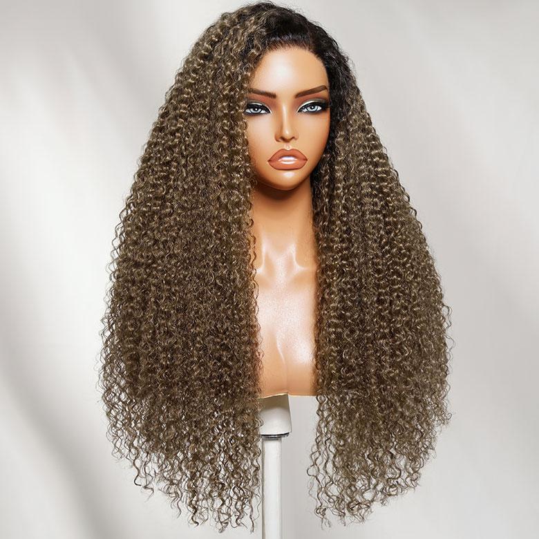 Unice 100% Human Hair Female Curly Wig, 7x5 HD Lace Closure Pre-Cut Lace, Ash Brown with Dark Roots, Natural Scalp Natural Looking Wigs, Beginners Friendly Ready to Wear