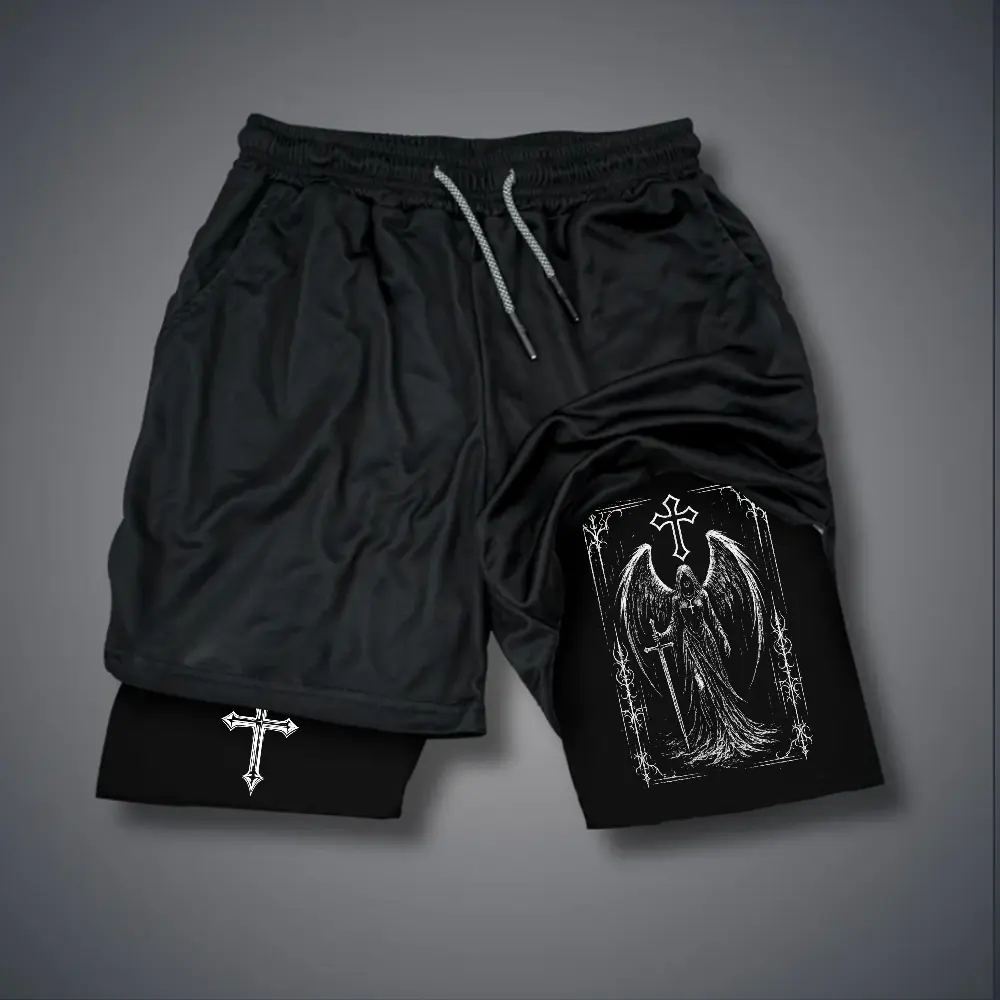 fallen angel  Double-Layer Sports Shorts Graphic Shorts Black Shorts Camo Shorts Streetwear Shorts Men Outfits Men Short Shorts Vacation Outfits Shorts