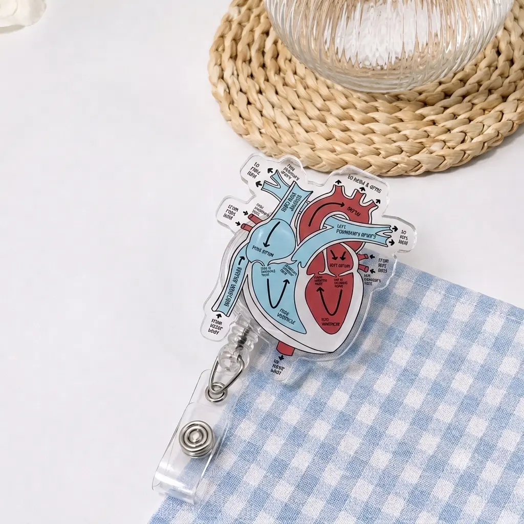 Detailed Human Heart Badge Reel, Retractable ID Holder with Labeled Chambers, Arteries and Veins, Educational Medical Gift for Cardiac Nurses, Students and Hospital Staff