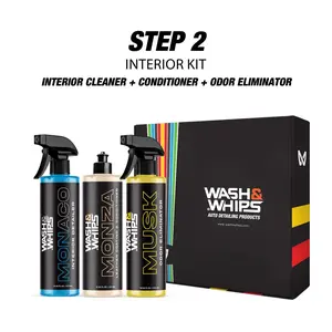 Wash & Whips Interior Car Wash Kit - Step 2 Interior Detailer, Musk Deodorizer, and Leather Conditioner