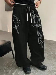Men's Loose-Fit Street Style Sweatpants, Elastic Waistband, Side Pockets, Artistic Chain Cross Design, Casual Daily Wear, Casual Streetwear Pants