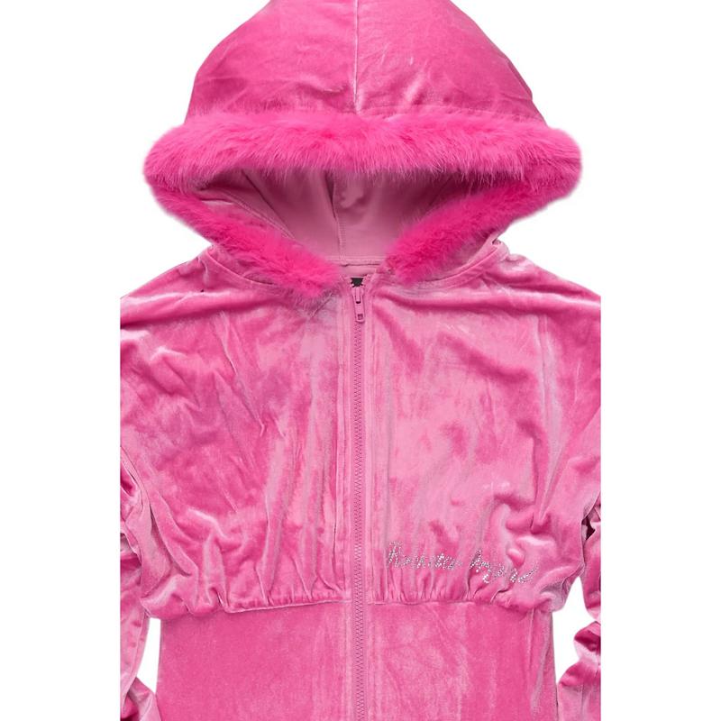 Shanika Pink Velour Crop Hoodie With Fur Hood