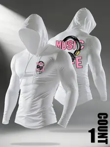 Men's Music Fitness Hoodie Tight Fit, Graphic Earphone Pattern, Long Sleeve, Slim-Fitting, Casual Wear, Training & Daily Use, Athletic Sports Clothing