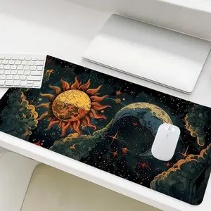 Abstract Sun & Moon Pattern Mouse Pad, Large Gaming Mouse Pad, Office Desk Accessories, Gaming Desk Accessory, Non-slip Rubber Base Stitched Edge Desk Pad for Laptop Desktop
