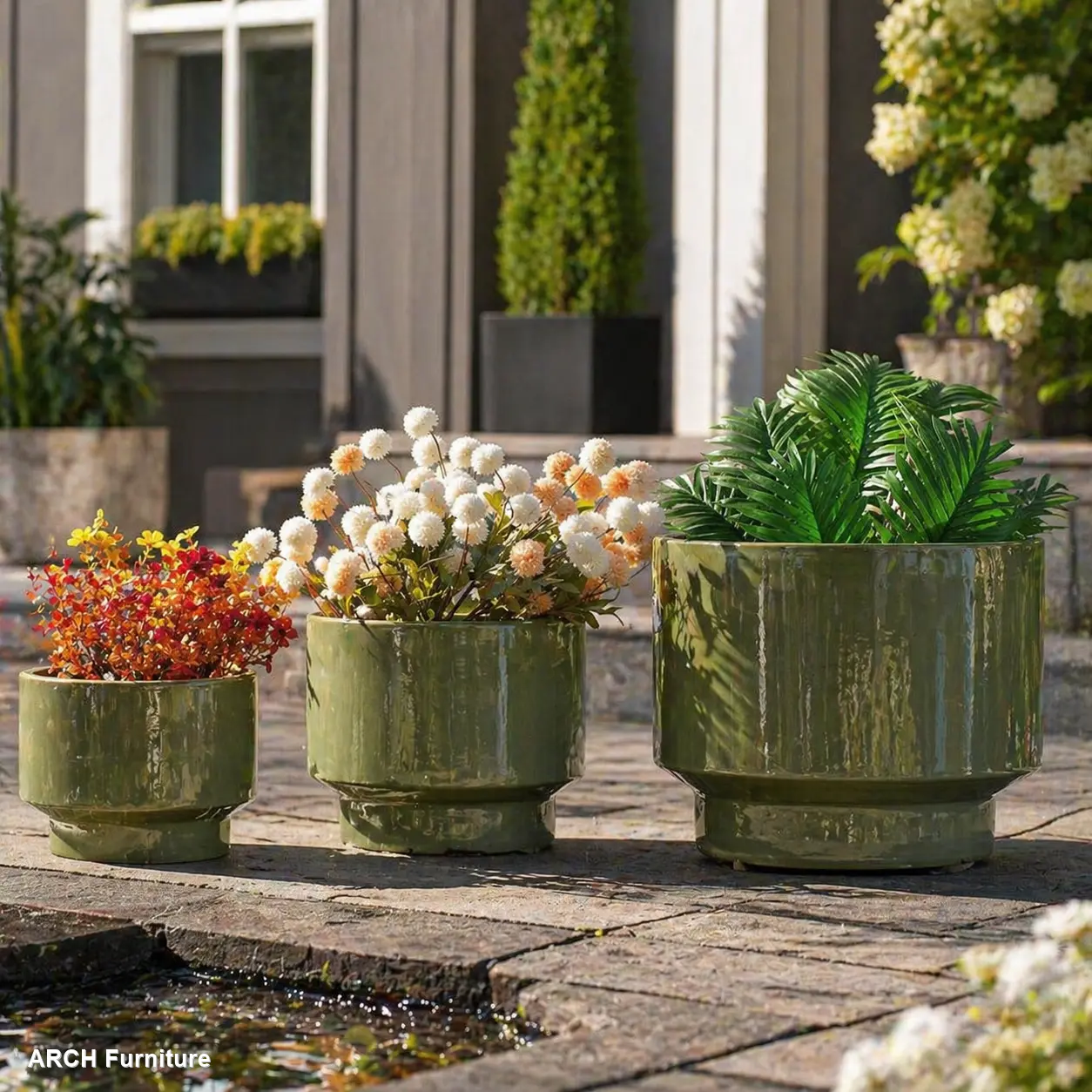 ARCH Handcrafted Glazed Ceramic Round Clay Pot Set (3 Pcs, 3 Sizes: 15/12/9 in), Breathable Porous Clay, Earthy Green Decor, Indoor Succulent Holders, Gardening Gifts, for Indoor and Outdoor Gardens, Clay Pot Set For Indoor And Outdoor Gardens, 12 Inches