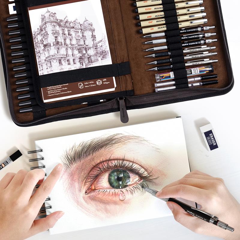 Nicpro 58 PCS Art Drawing Supplies Kit in Leather Case, Art Mechanical Pencil Set with Metal Drafting Pencil 0.5 & 0.7 & 0.9 & 2mm, 12 Micron Pen, Sketch Book, 30 Tube Lead Refills for Sketching Nicpro 58 PCS Art Drawing Supplies Kit in Leather Case, Art Mechanical Pencil Set with Metal Drafting Pencil 0.5 & 0.7 & 0.9 & 2mm, 12 Micron Pen, Sketch Book, 30 Tube Lead Refills for Sketching