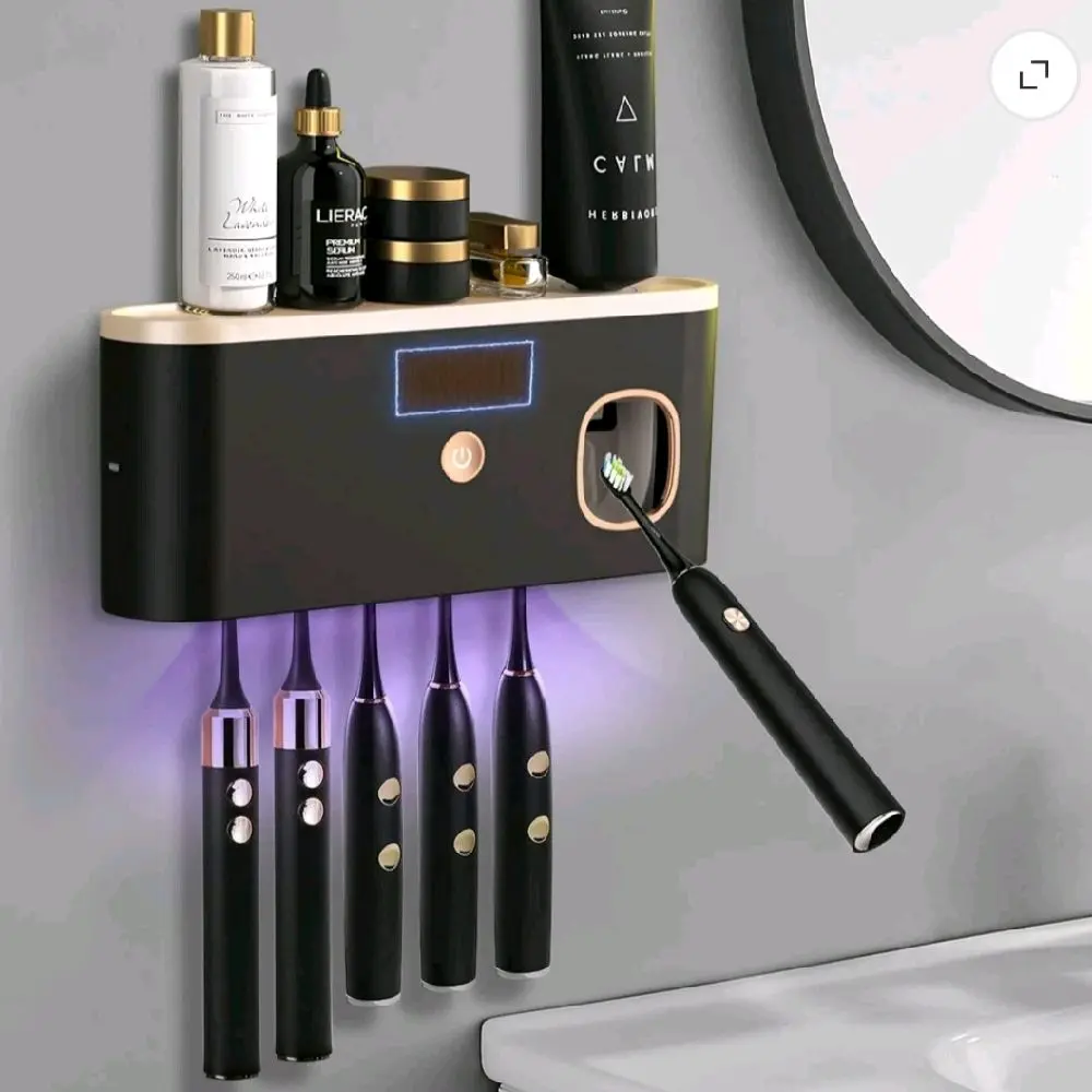 Toothbrush Sanitizer Holder with UV Sanitization, Wall-Mounted Bathroom Organizer, Toothpaste Dispenser, Large Capacity Tray & Bathroom Accessories