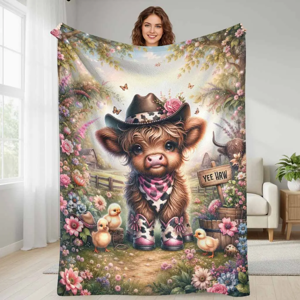 Highland Cow Flannel Fleece Blanket Western Floral Boots Print Plush Throw Super Soft Lightweight Cozy Warm Fabric Bed Couch Sofa Living Room Camping Office Decor Gift