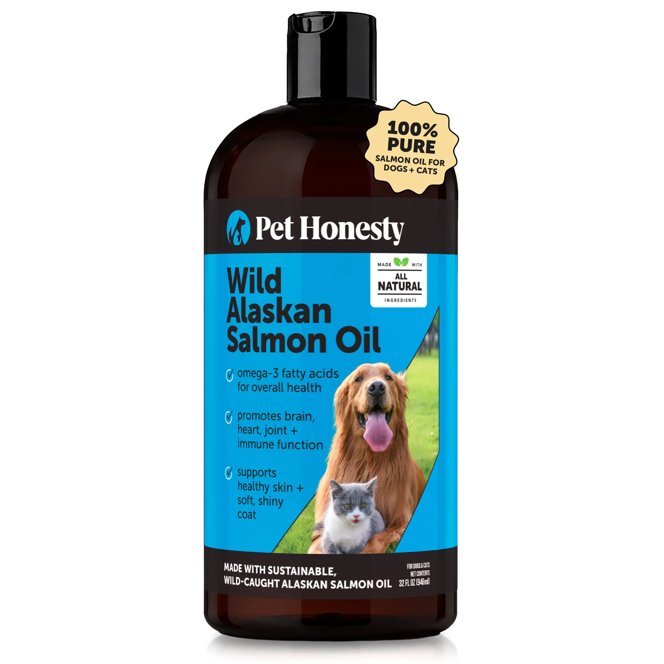 Pet Honesty Wild Alaskan Omega-3 Salmon Oil Supplement for Dogs & Cats, 8oz