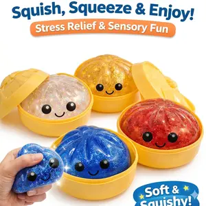 2026 Edition Glitter Bao Bun Stress Balls with Steamer Case, Clear Sensory Fidget Toys for Anxiety Relief, Soft Decompression Squishies, Party Favors & Gifts for Kids & Adults