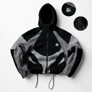 Men’s American high‑street color‑block patchwork hooded jacket with embroidery and a drawstring design, warm top