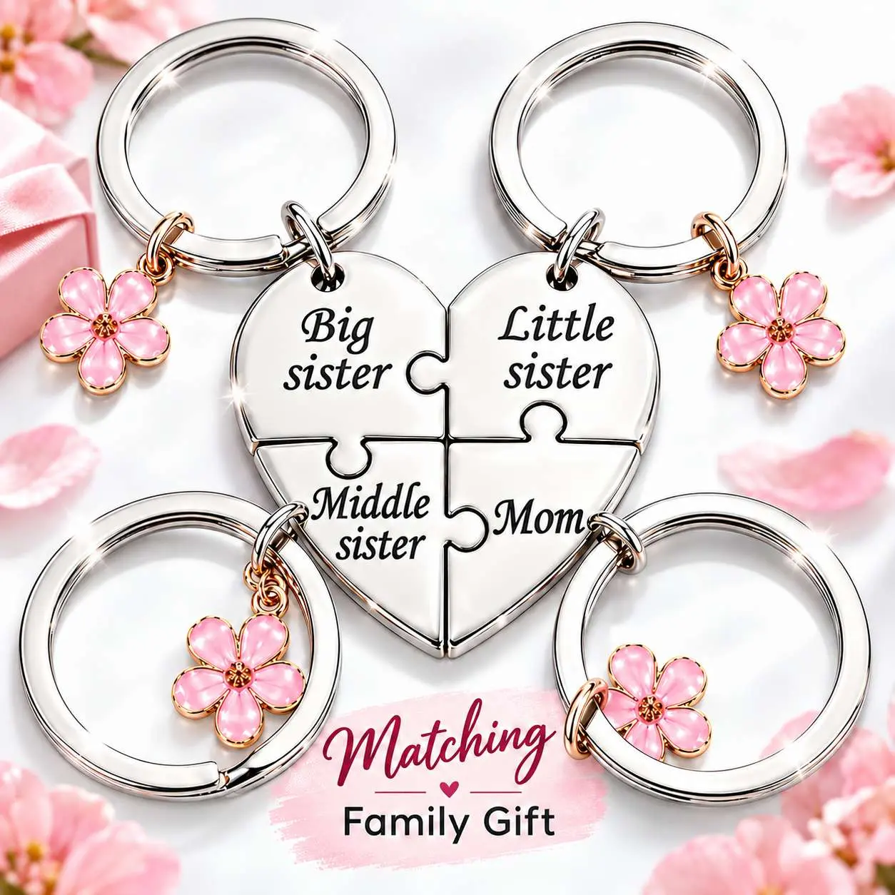 Mom & Sisters Matching Heart Keychain Set, Stainless Steel Family Puzzle Keychains, Meaningful Gift for Mom Daughter Sister